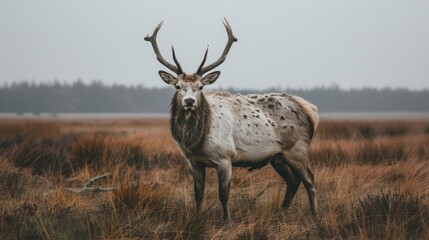 Fototapeta premium A graceful white deer roams among the green forest. The beauty of brown natural wildlife