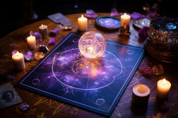 Atmospheric image capturing a fortune telling scene with a glowing crystal ball, tarot cards, and candles