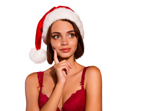 Eve noel winter sale discount shop concept. Close up photo portrait of curious pensive cute lovely romantic pretty attractive tender charming lady looking away isolated bright background copy space - Powered by Adobe