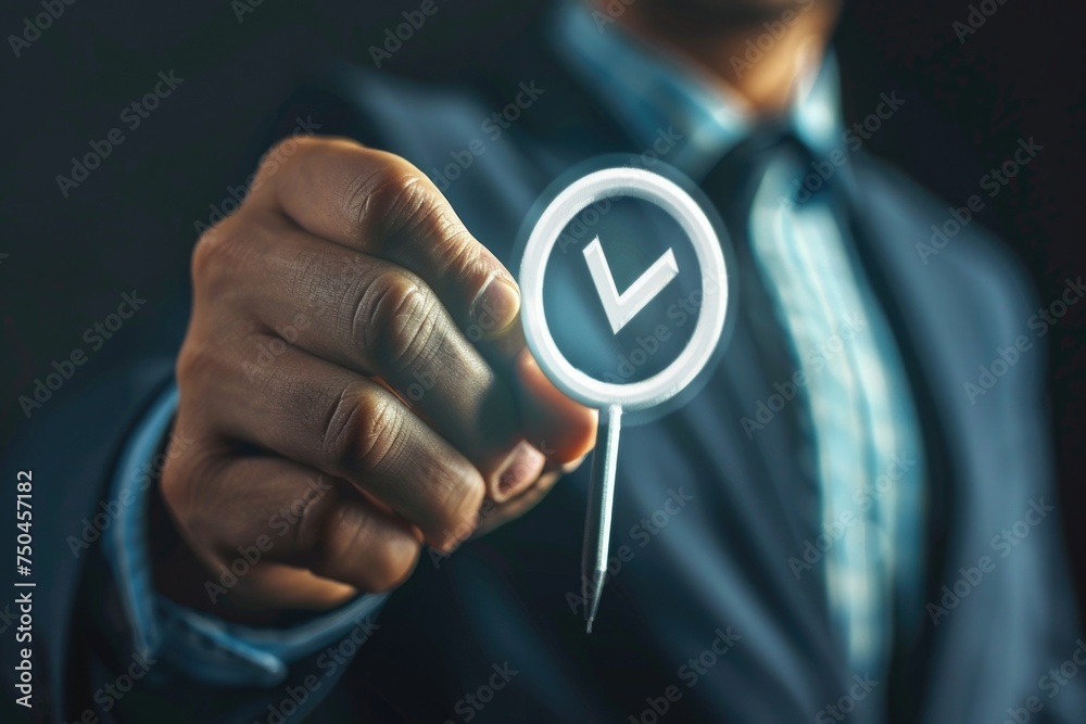 Poster Man in suit holding check mark button, suitable for business concepts