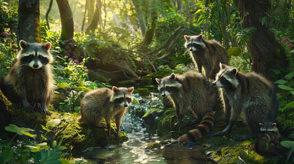 A family of raccoons scavenging for food near a babbling brook in a sunlit clearing within a lush...