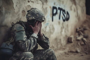 sad soldier and inscription PTSD on the wall, PTSD for post-traumatic stress disorder. Neural network generated image. Not based on any actual scene or pattern.