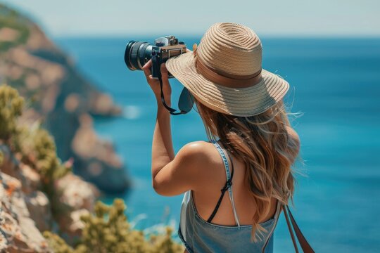 Woman taking picture of ocean, suitable for travel websites