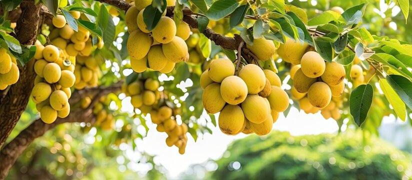 Clusters of Fresh and Ripe Yellow Lanzones Hanging from a Tropical Tree