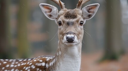 A graceful white deer roams among the green forest. The beauty of brown natural wildlife