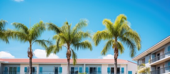 Fototapeta na wymiar Serene Apartment Building Facade Surrounded by Lush Palm Trees on a Tropical Summer Day