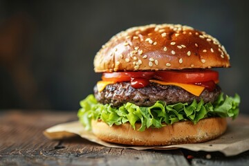 A delicious hamburger with fresh lettuce, tomato, and cheese on a bun. Perfect for food and restaurant concepts 