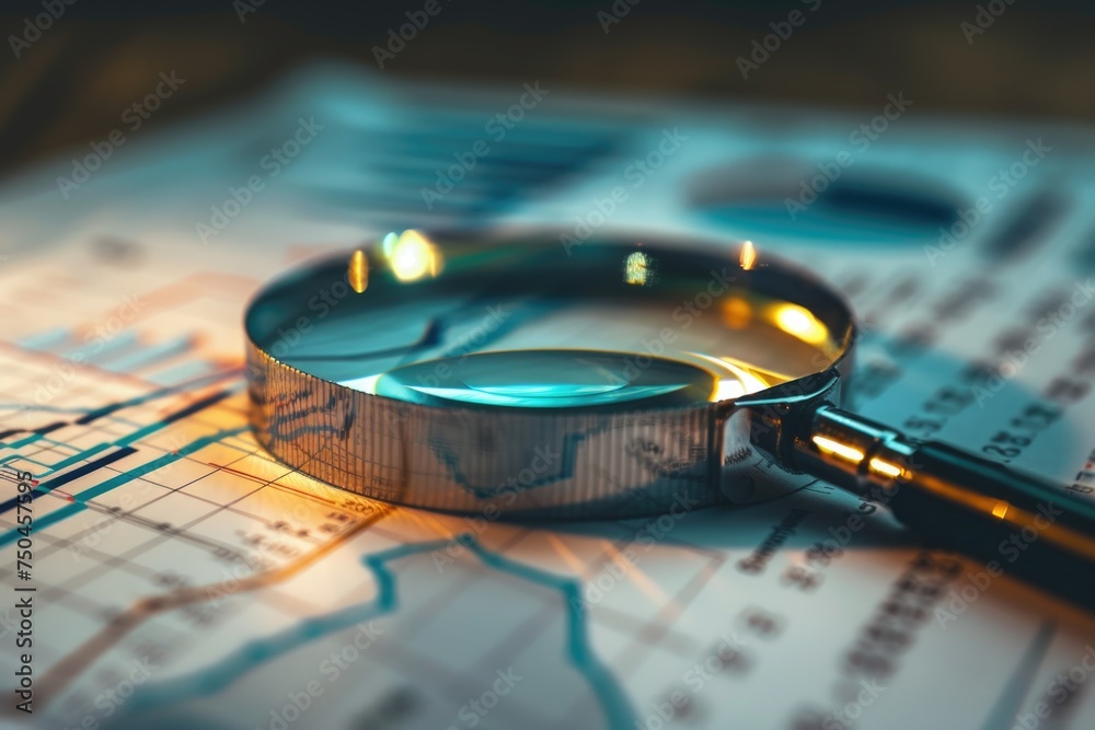 Poster Close up of a magnifying glass on a map. Suitable for travel and exploration concepts