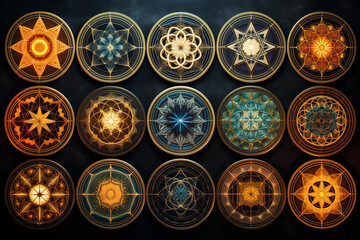 Diverse set of colorful geometric mandala designs showcased against a dark, textured backdrop