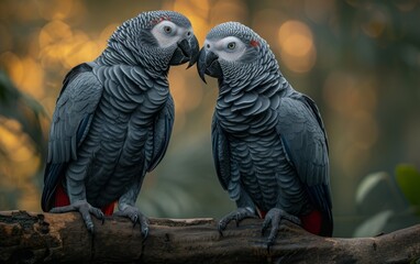 Pair of African Grey Parrots Perching Naturally on a Tree Branch - obrazy, fototapety, plakaty