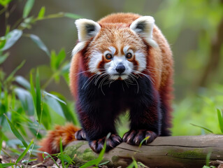 A red panda standing on a tree gazes into the distance, ensconced in lush green bamboo.