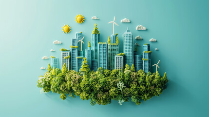 Sustainable city concept with renewable energy icons, wind turbines, and solar panels
