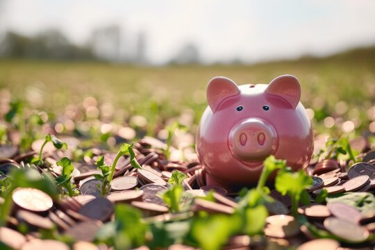 A piggy bank sits in the middle of a field of coins. This image can be used to represent savings, financial planning, or the concept of money growing