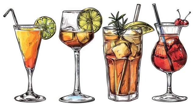 Image featuring four different types of drinks in glasses. Suitable for beverage concepts