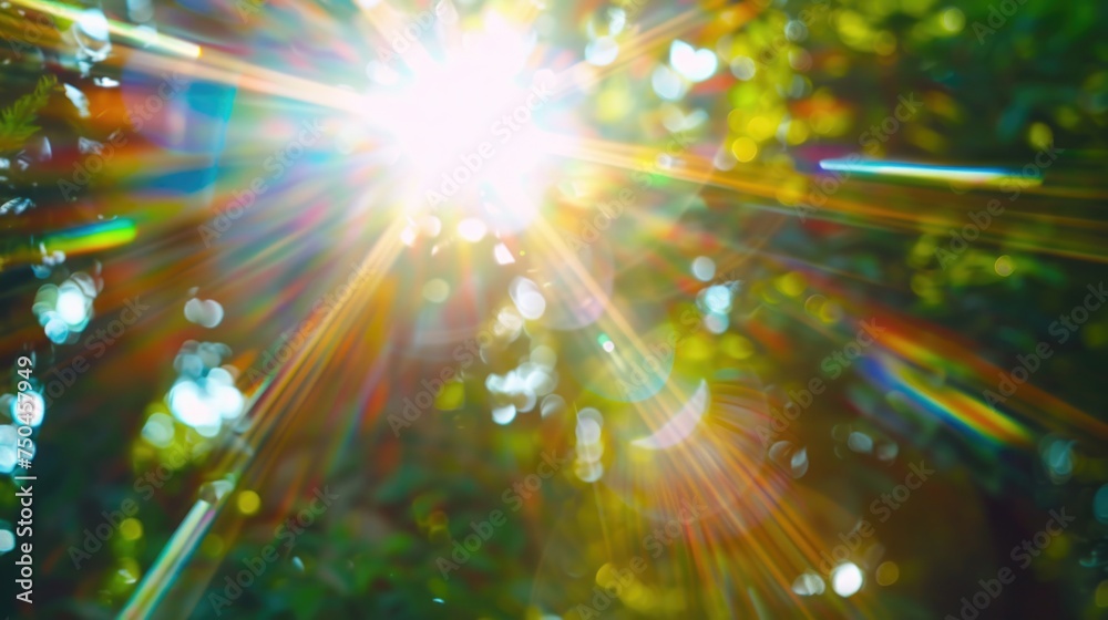 Poster bright sunlight shining through green tree leaves. perfect for nature and environment concepts
