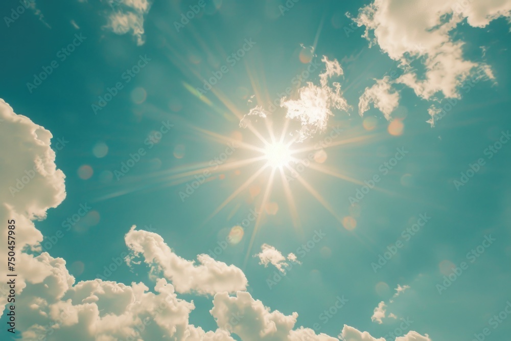 Poster sun shining brightly through clouds, suitable for weather forecast or inspirational concepts