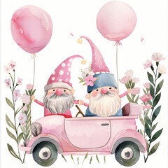 Watercolor cute couple gnome in pink car with balloon