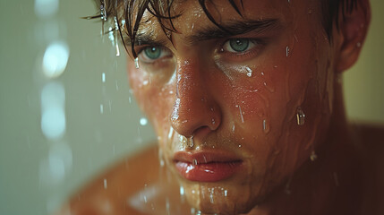 Intense portrait of a wet man with water droplets on his face - obrazy, fototapety, plakaty