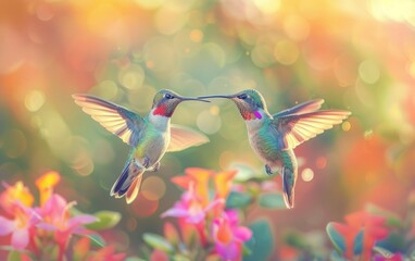 Twin Hummingbirds Feeding on Nectar from Bright Flowers Side by Side