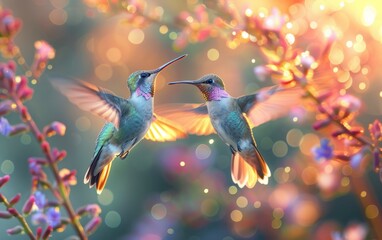 A Couple of Hummingbirds Hovering Over and Enjoying Nectar from Radiant Florals