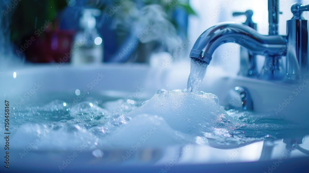 Poster A close up of a sink with a running faucet. Ideal for illustrating water usage