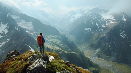 Backpacker Standing on Top of a Mountain Overlooking a Valley - obrazy, fototapety, plakaty