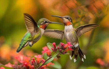Naklejka premium Twin Hummingbirds Feeding on Nectar from Bright Flowers Side by Side