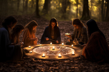 Group of women partaking in a mystical candlelit ceremony in the woods