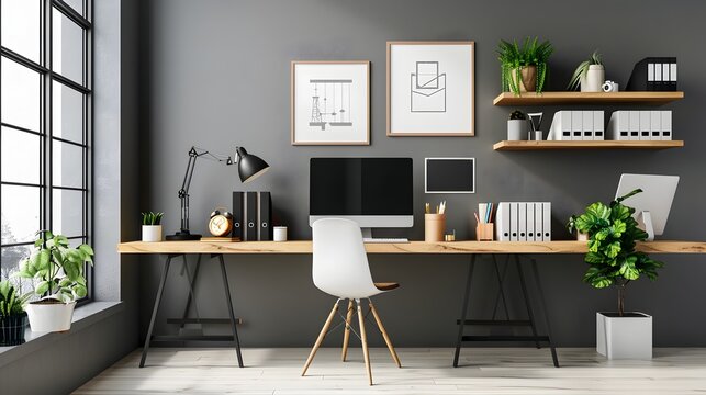Modern 3D Rendering of a Gray Office Interior with Plants