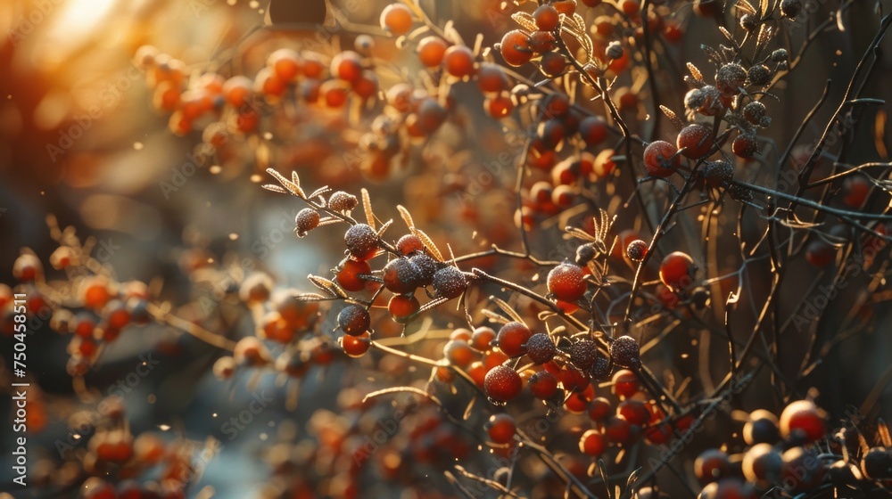 Poster a bunch of red berries hanging from a tree. suitable for nature and seasonal themes
