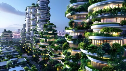 Obraz premium Green Futuristic Cityscape with Vegetation and Advanced Technologies
