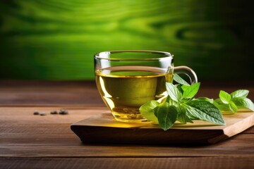 green tea in transparent cup and mint isolated on white