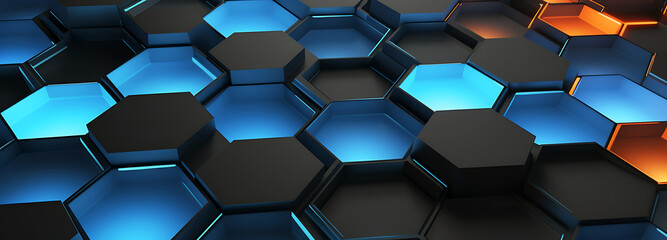Obraz na płótnie Canvas Black blue and orange hexagons background pattern 3D rendering