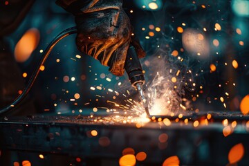 A person welding metal with sparks in the air. Suitable for industrial concepts - Powered by Adobe