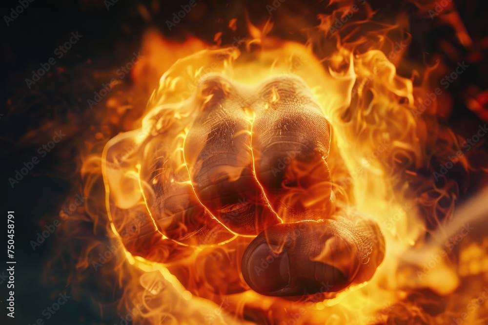 Aufkleber a close-up image of a person's hand engulfed in flames. suitable for illustrating concepts of danger