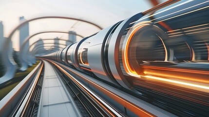 Futuristic Light Silver and Orange Metro Train in Motion