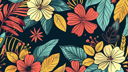 Vibrant botanical doodle background with a variety of flowers and leaves in a vector set