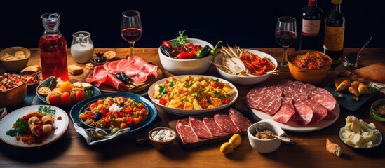 Spanish Culinary Delights Spread on Restaurant Table - A Feast of Flavor and Culture - obrazy, fototapety, plakaty