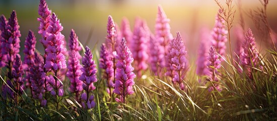 Naklejka premium Vibrant Purple Flowers Glistening in the Warm Sunlight Amongst Lush Greenery