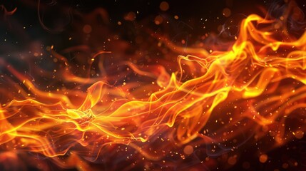 A close-up shot of a fire burning on a dark black background. Perfect for illustrating concepts of warmth, energy, danger, or destruction