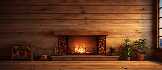 Cozy Wooden Cabin Interior with a Fireplace and Lush Potted Plants Creating a Relaxing Atmosphere - obrazy, fototapety, plakaty