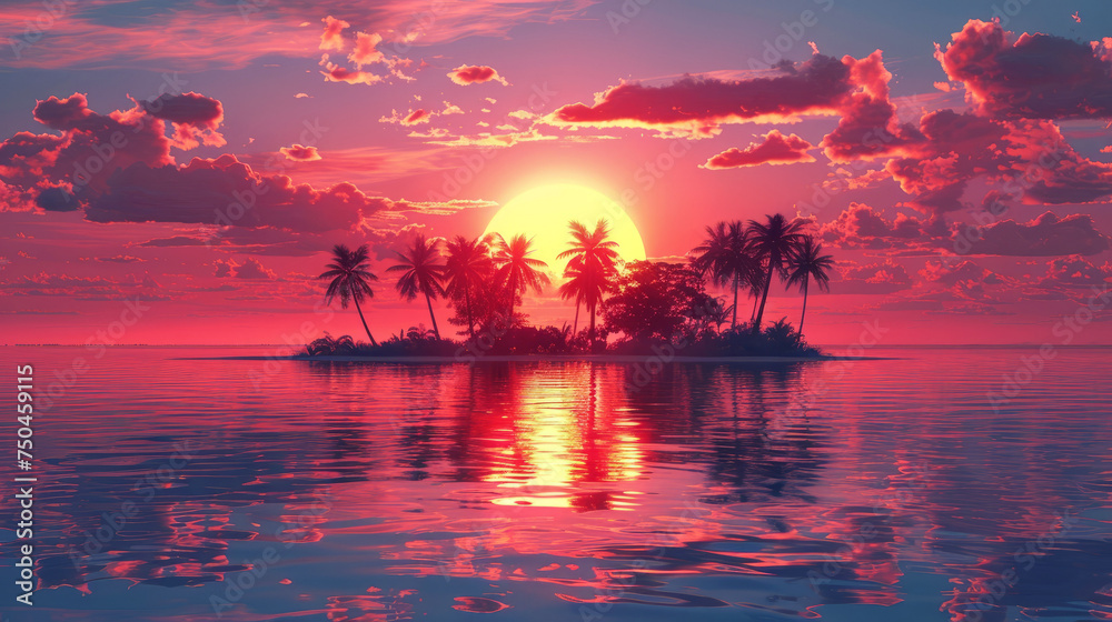 Wall mural colorful sunset over tranquil tropical island with silhouetted palm trees