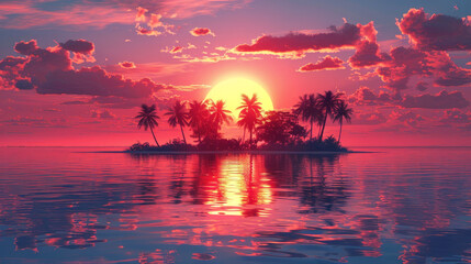 Colorful sunset over tranquil tropical island with silhouetted palm trees - obrazy, fototapety, plakaty