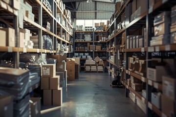 A large warehouse filled with boxes. Ideal for logistics and storage concepts