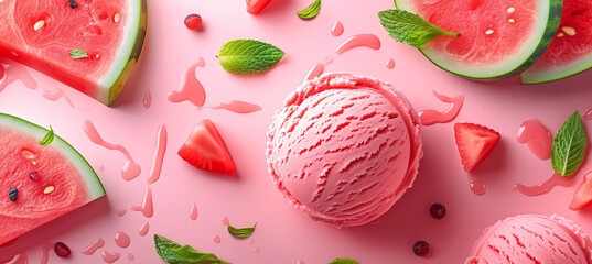Pink ice cream with watermelon flavor on the pink background - obrazy, fototapety, plakaty
