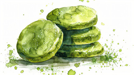 Watercolor illustration of matcha powder cookies.