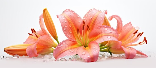 Glistening Salmon Daylily Flowers Covered in Fresh Dew Drops on Clean White Background