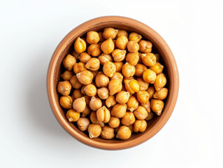 Spiced Chickpeas in a bowl with some scattered, top-down view isolated on white background. Healthy snack concept. Design for culinary and nutrition themes