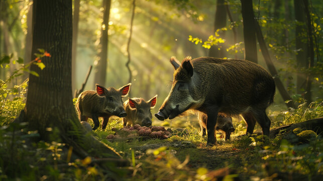 A family of wild boars foraging for food in the understory of a lush deciduous forest, the sunlight filtering through the canopy.