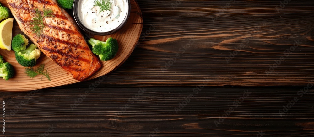 Poster grilled salmon steak with broccoli cream sauce and lemon wedges on wooden background top view